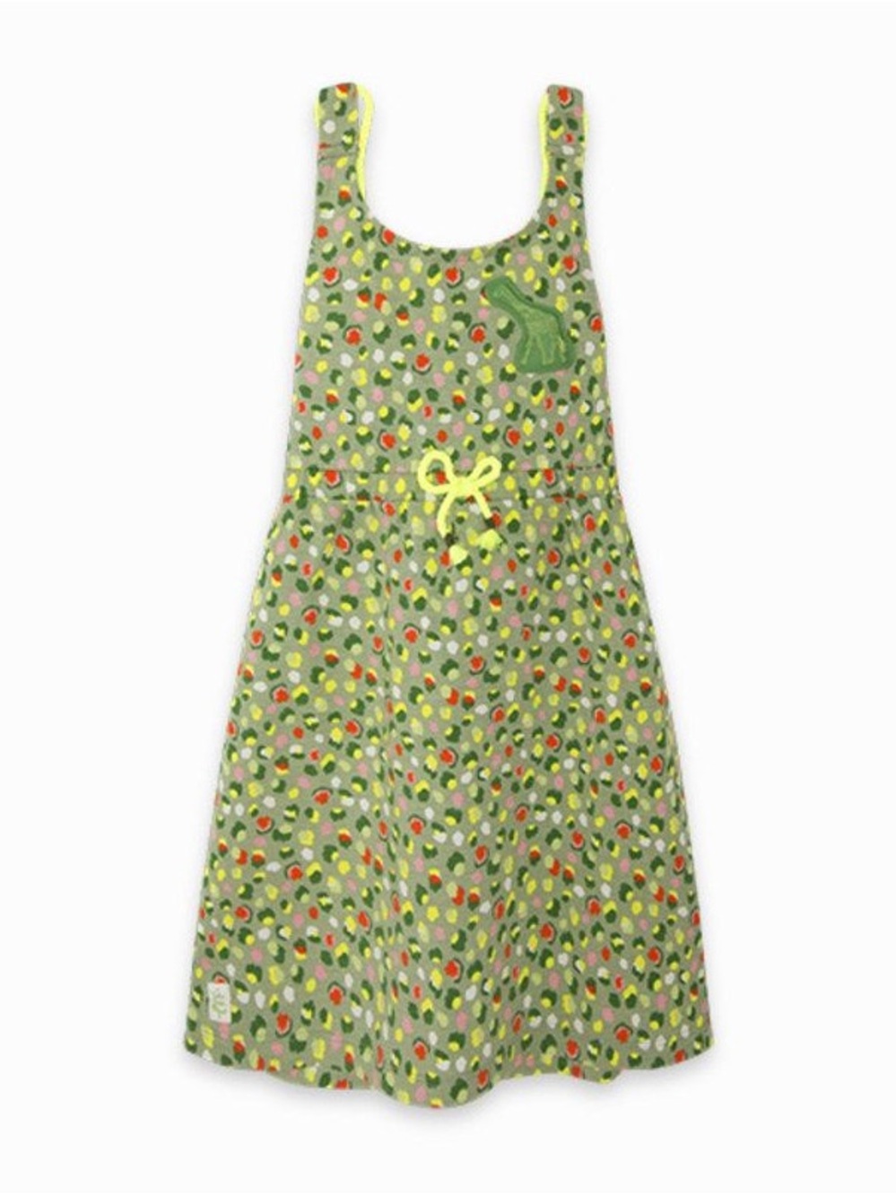 Girls' Green Printed Sleeveless Casual Dress with Yellow Bow Accent